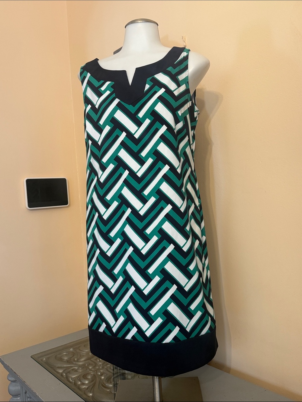 Jessica Howard 8 Petite Sleeveless Geometric Shift Dress Green White Black